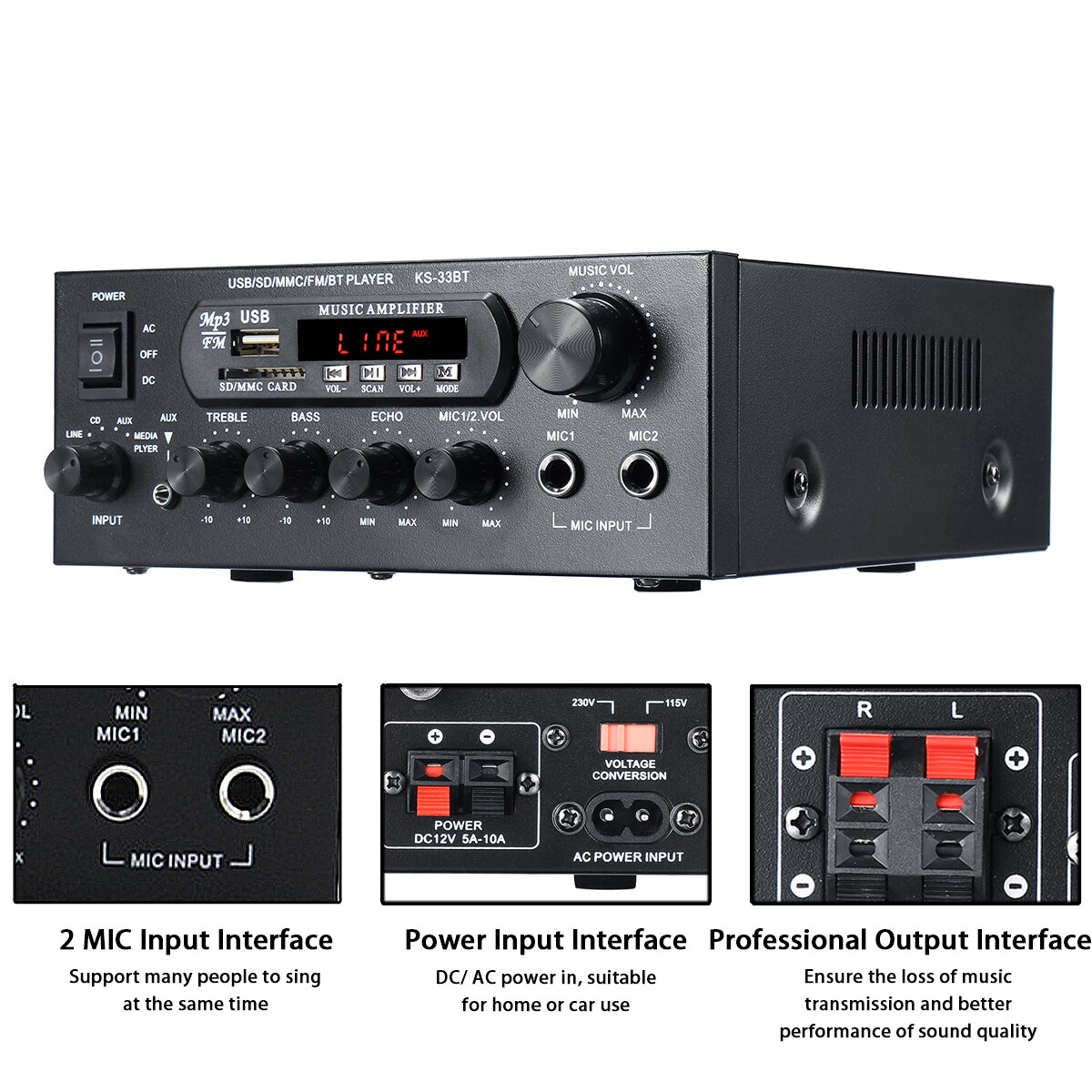 110V-220V 1000W Digital Power Amplifier Audio Home Theater Amplifier 2 Channel Amplifier Bluetooth FM USB Remote Control Support