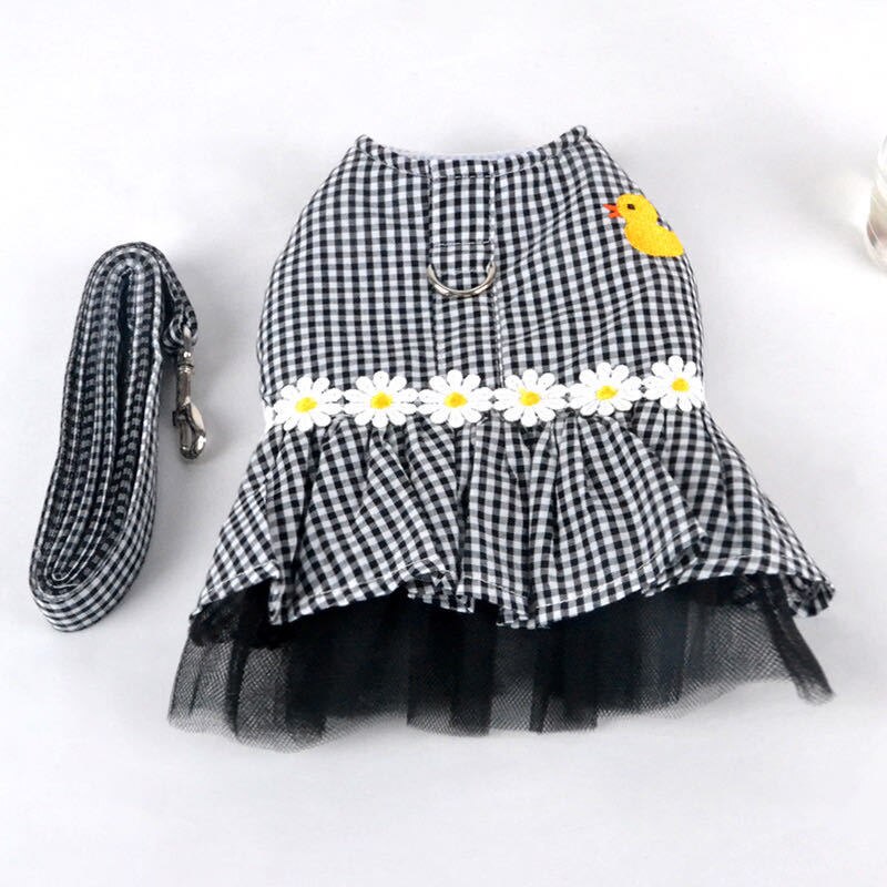 Vestido con arnés para perro y gato, camisa con correa a cuadros, flor a juego, falda para cachorro, ropa de primavera y verano: Negro / S