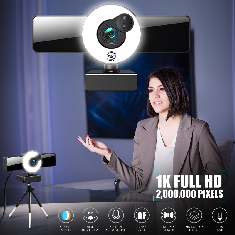 1080P/2K/4K Webcam with Ring Selfie Light Fill Light Built-in Microphone HD Camera for Computer PC Auto Focus Image Sensor