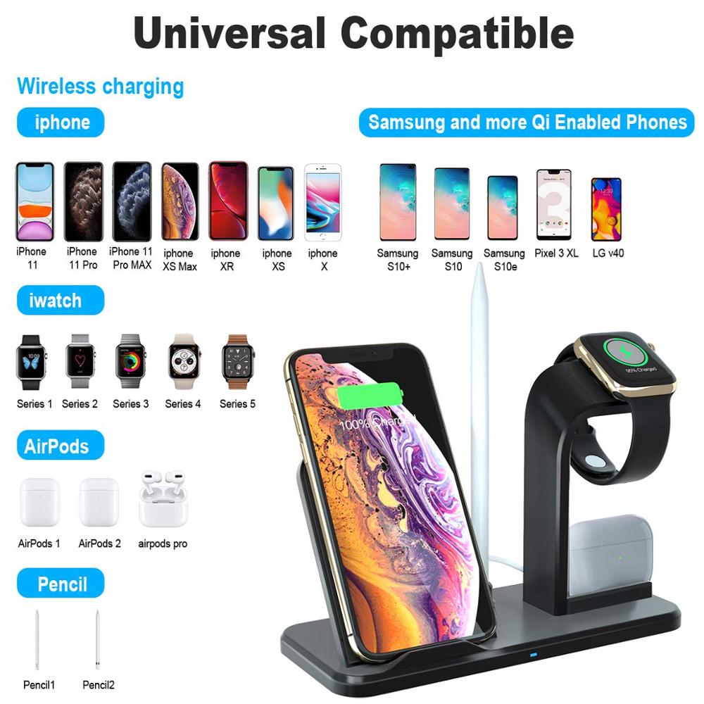 Trådløs oplader 4 in 1 aftagelig station, opladerstativ dock til iphone 11 xs x  xr 8 apple watch airpods pro og alle qi-enheder