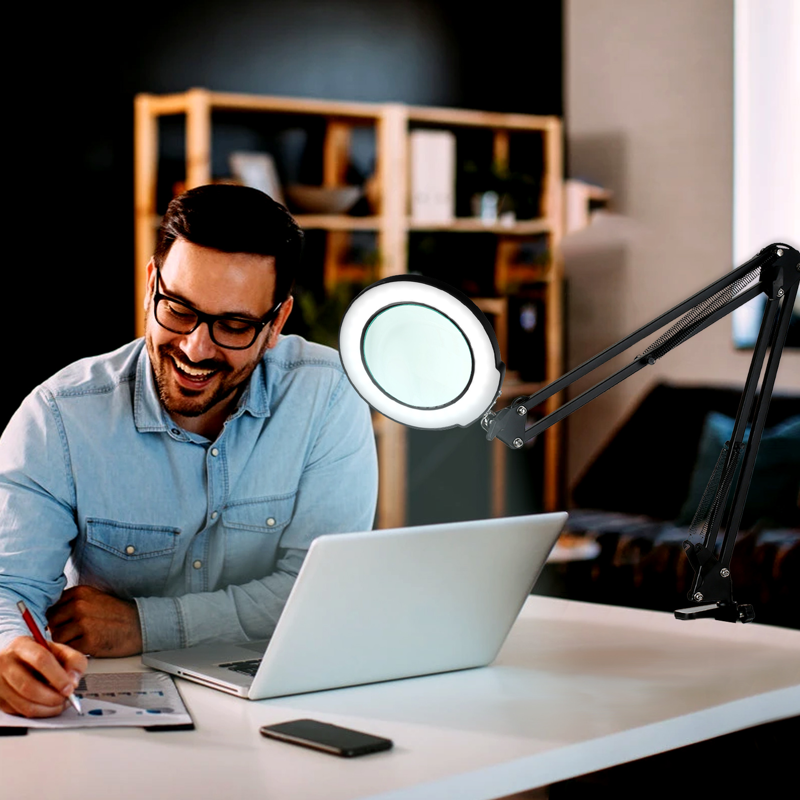 Mini-arbeitsleuchte mit 5x vergrößerungsgläsern, schwenkarm, dimmbaren leds, 5 farbtemperaturen , 5 helligkeitsstufen, klemmleuchte