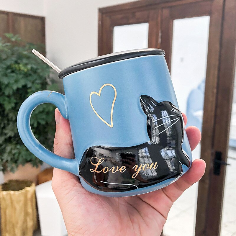 3d lättnad katt keramisk kopp med lock sked vatten kopp tecknad konstnärlig hipster män och kvinnor studenter par kopp: Blå -1