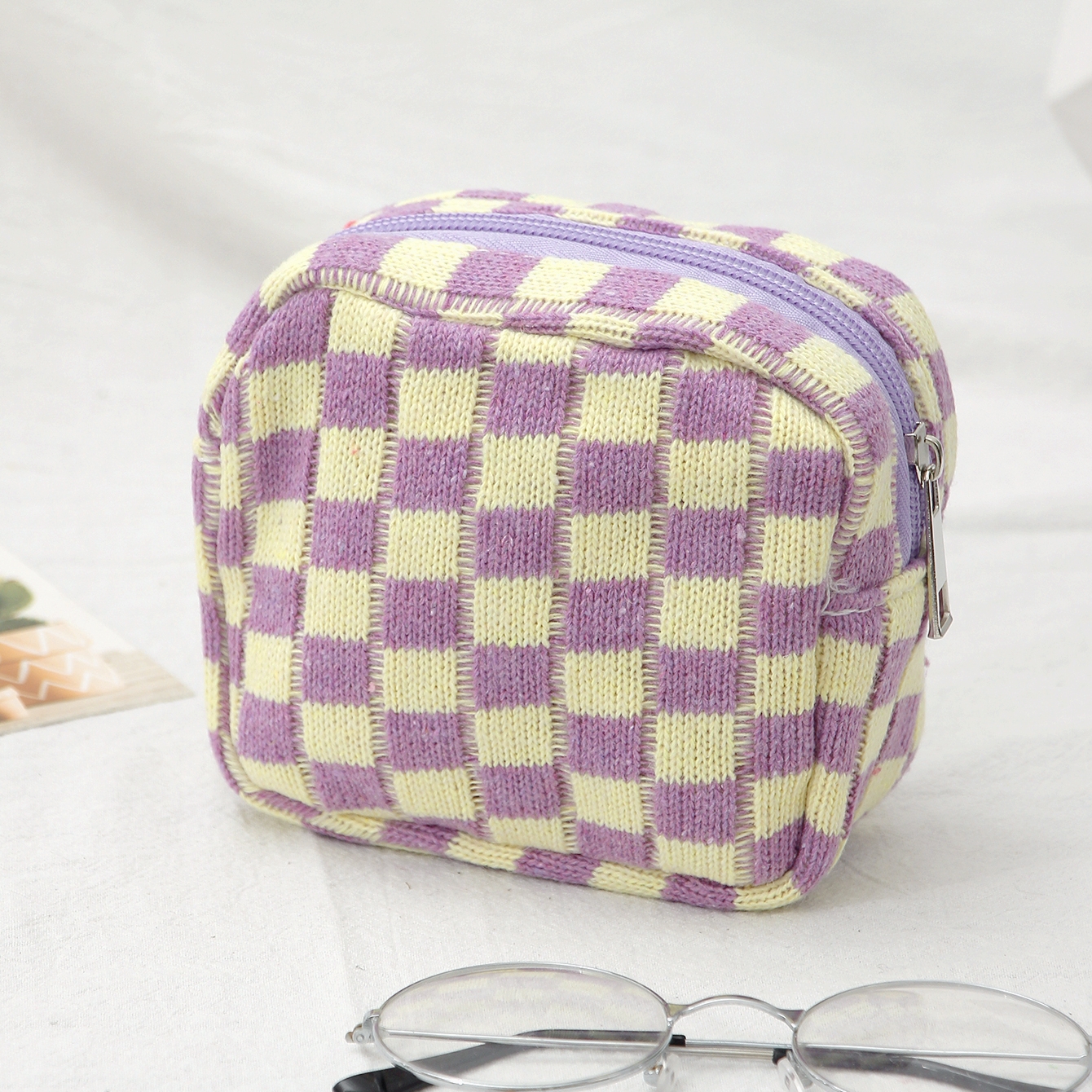 Checkerboard Cosmetic Bag Knitted Toiletry Storage Bag Colorful Makeup Pouch Organizer Checkered Pattern Cosmetic Bag: Lavender