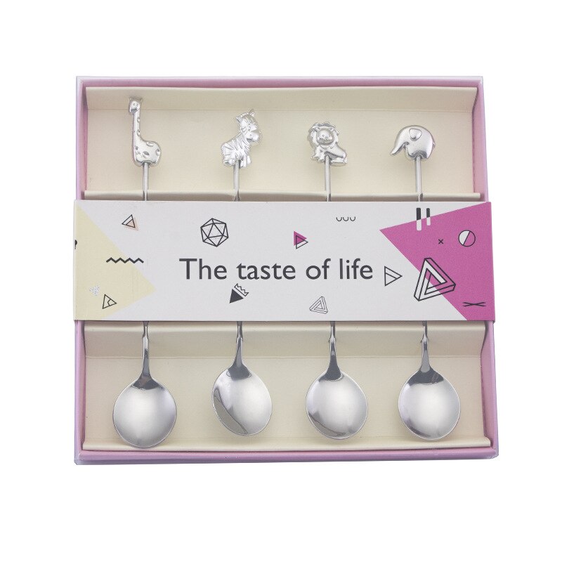 304 Stainless Steel Coffee Spoon Tableware Tea Spoons Dessert Fork with Animal pattern: Spoon Set Silver