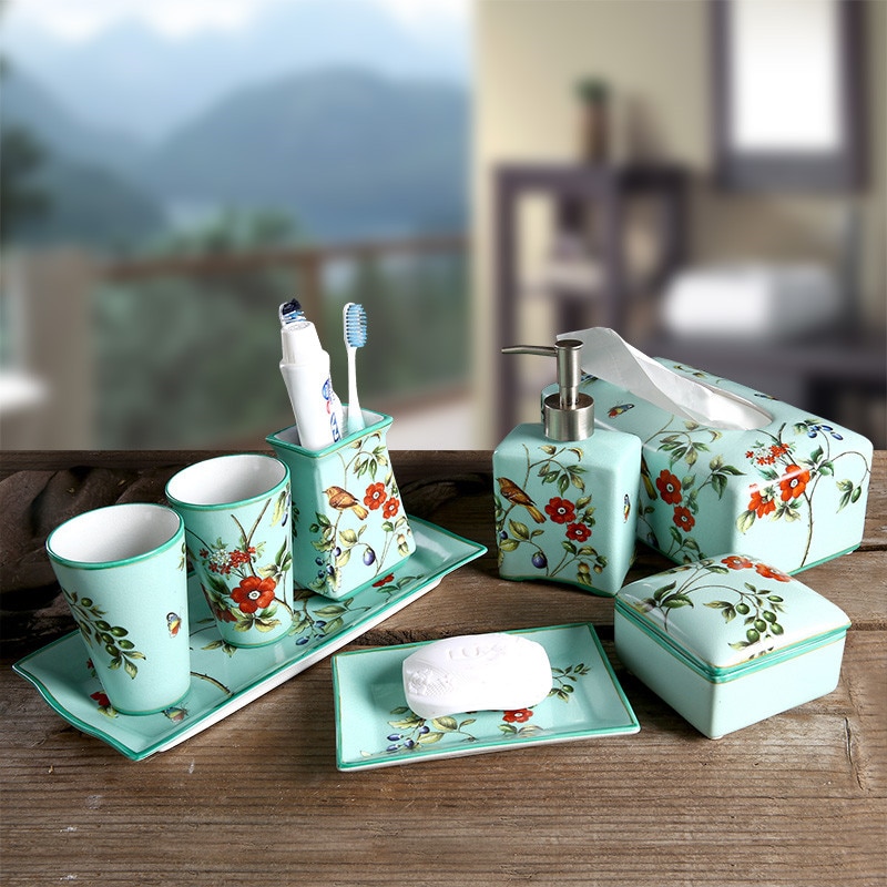 Chinese Flower and Bird Art Ceramics Soap Dispenser Jewelry Box Soap Dish Toothbrush Holder Gargle Cup Bathroom Accessories Set