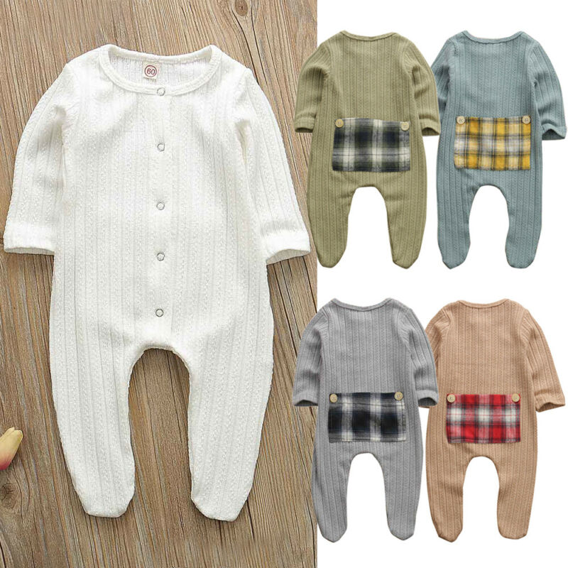 Pasgeboren Peuter Baby Jongen Meisje Romper Plaid Zakken Gebreide Jumpsuit Outfits Katoenen Kleding Leuke Herfst Winter Herfst