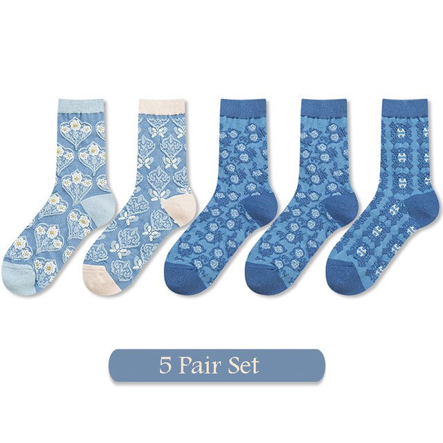 5 Pairs Vrouwen Sokken Set Herfst Winter Bloemen Printing Katoen Harajuku Blauwe Accessoires Geometrie Hartvormige Femme Sokken Kawai: B