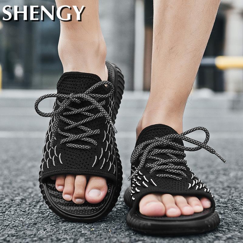Herr sandaler snörning mesh öppen tå sandaler herr andas mjuka plattform tofflor herr sommar utomhus manligt märke