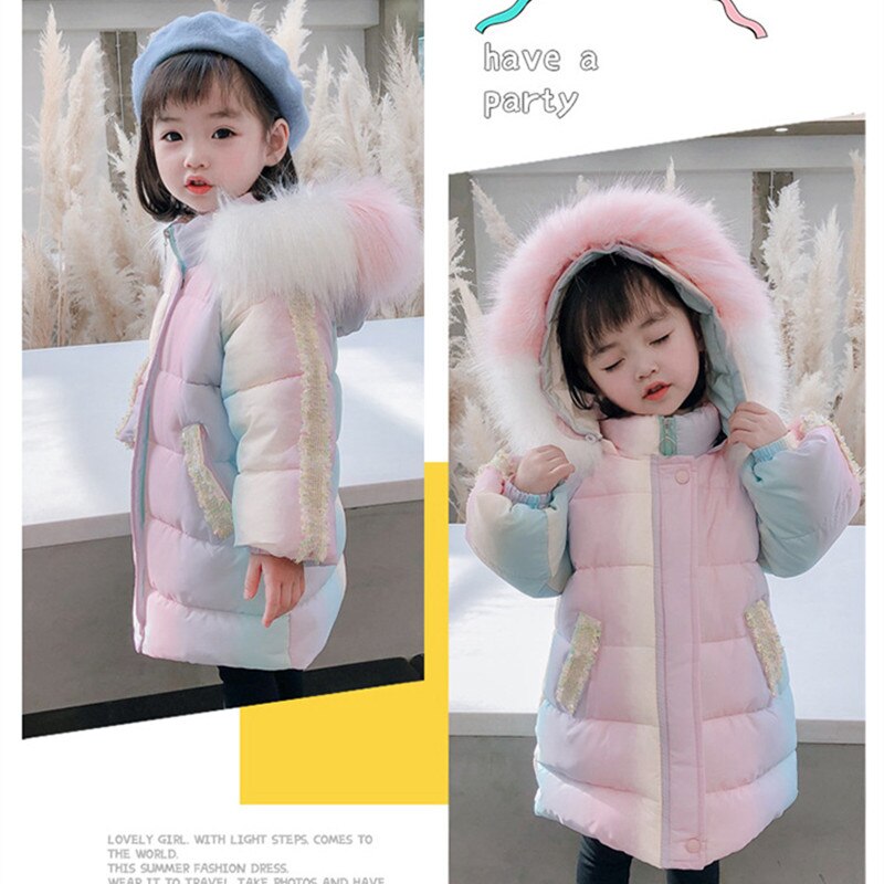 DFXD Children Girl Winter Long Rainbow Down Cotton Jacket Fur Collar Hooded Thicken Warm Kids Outwear Parka For 1-7Yrs