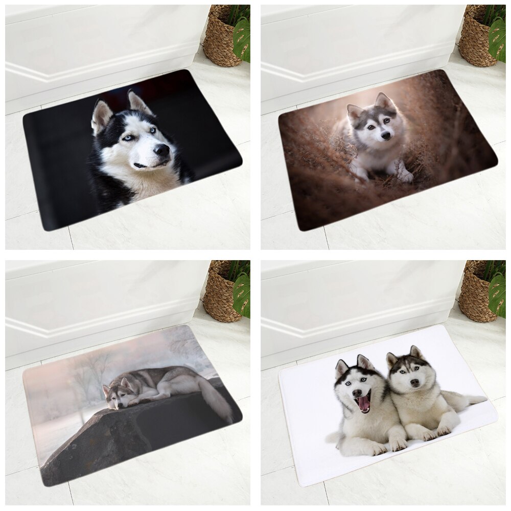 Soft Flannel Doormat Decor Siberian Husky Dog Door Mat Non-Slip Hallway Pet Animal Carpet Rug for Dining Room Bedroom Floor Mat