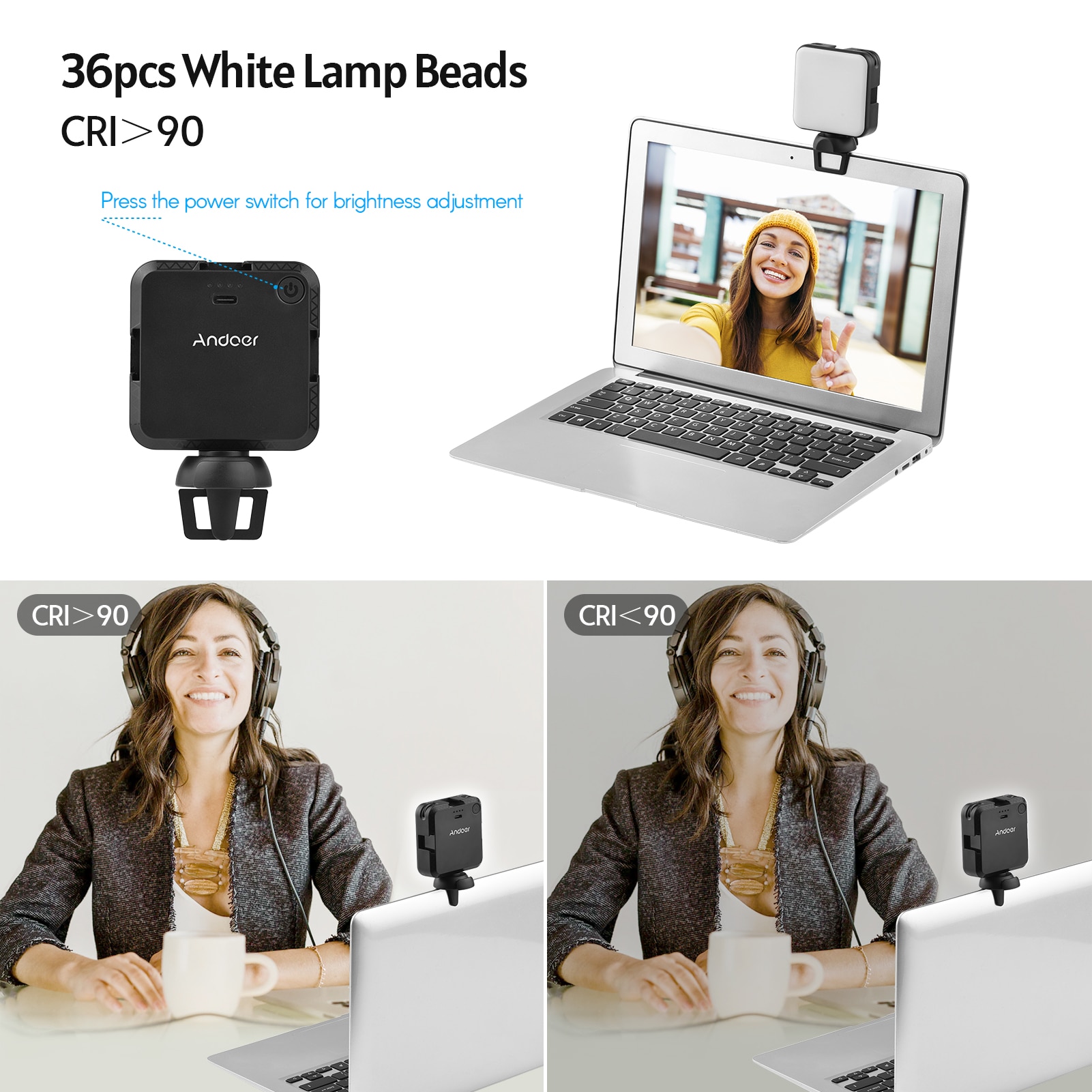 Andoer W36 Mini LED Video Light - 5600K Daylight - Adjustable Brightness - 3 Cold Shoe Mounts