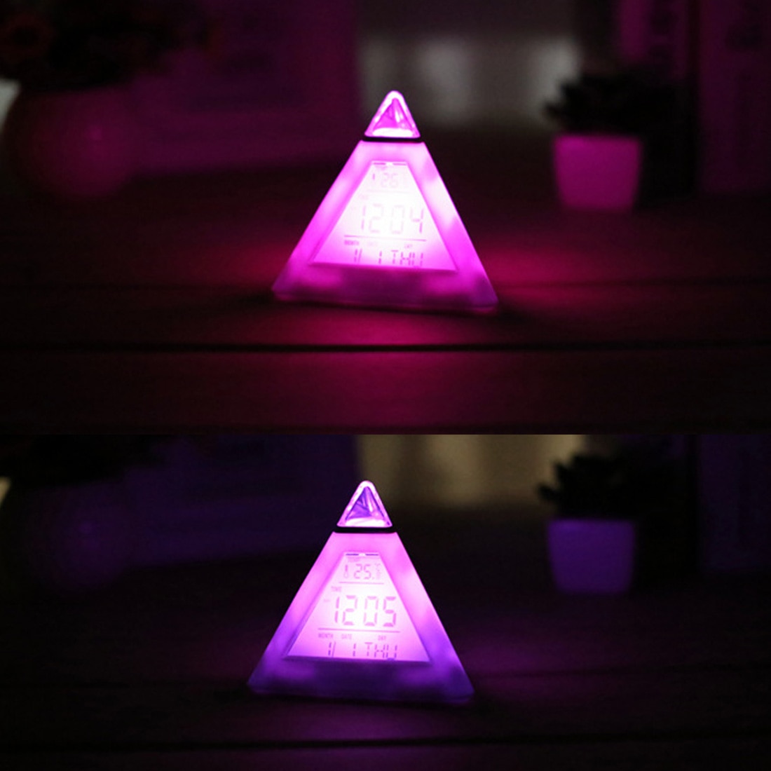 Pyramid Shaped Digital Multifunction Color to change LED Light Table Desktop Snooze Triangle Alarm Clock Despertador