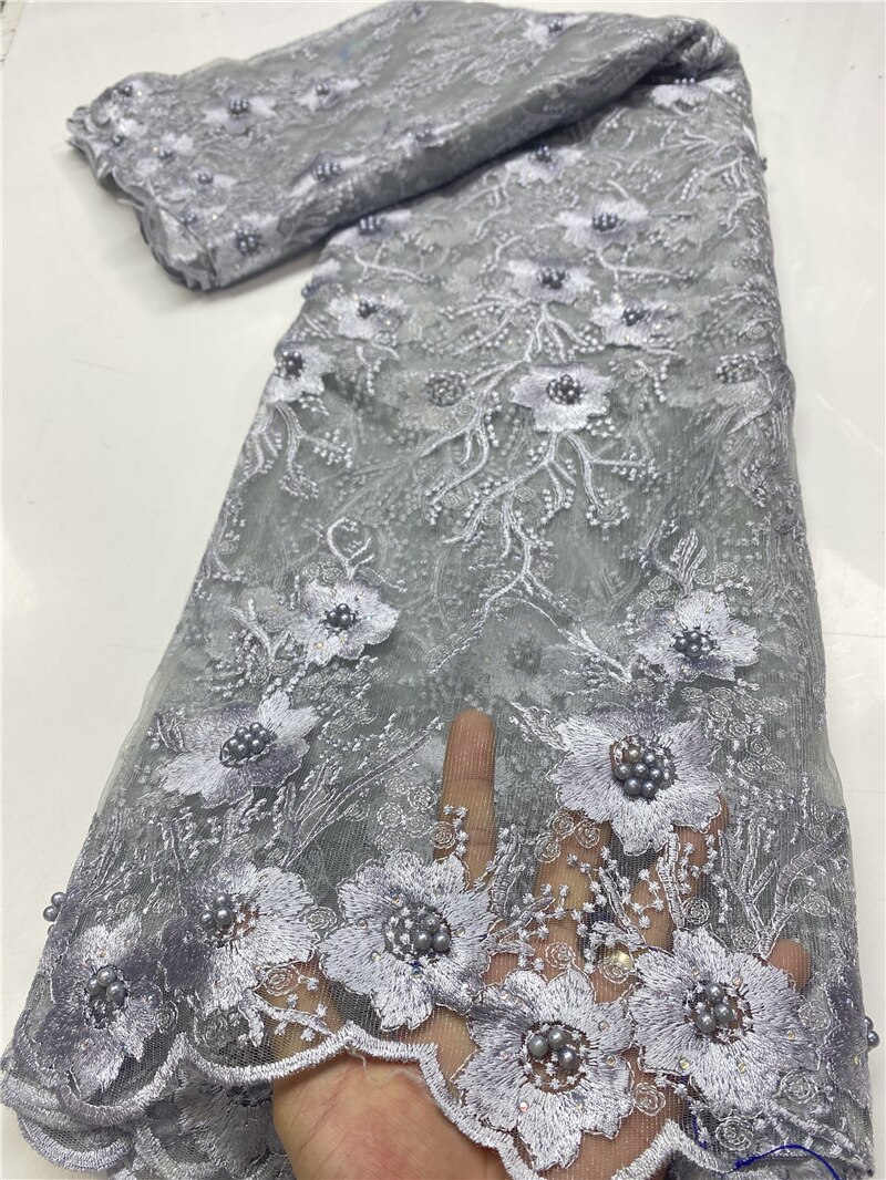 Nigerian Lace Fabrics Beaded Lace Material Embroidered African Tulle Lace Fabric For Wedding Sewing YA3644B-2: Picture 3