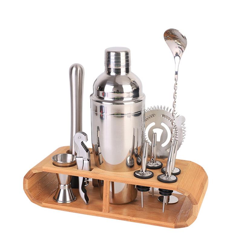 12Pcs/Set Cocktail Shaker Set Bartender Kit With Wooden Stand Drinks Strainer Bottle Opener Maker Mixer 750ML Kit Home Bar Party: Default Title