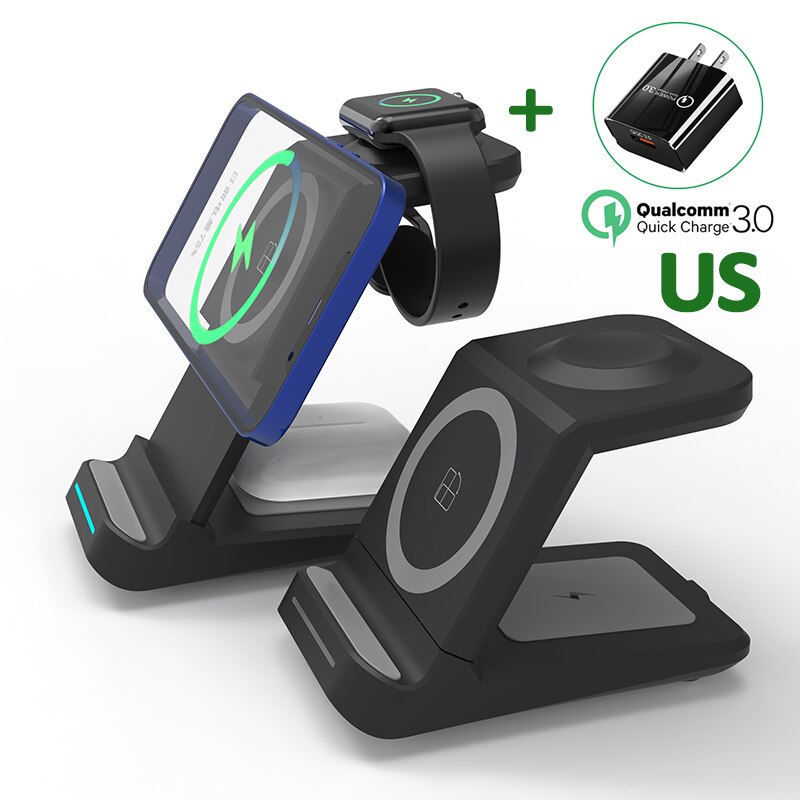 30w 3 in 1 magnetische kabellose ladestation für iphone 13 12 11 xr 8 apple watch qi schnellladestation für airpods pro iwatch 7 6: Schwarz mit us-stecker