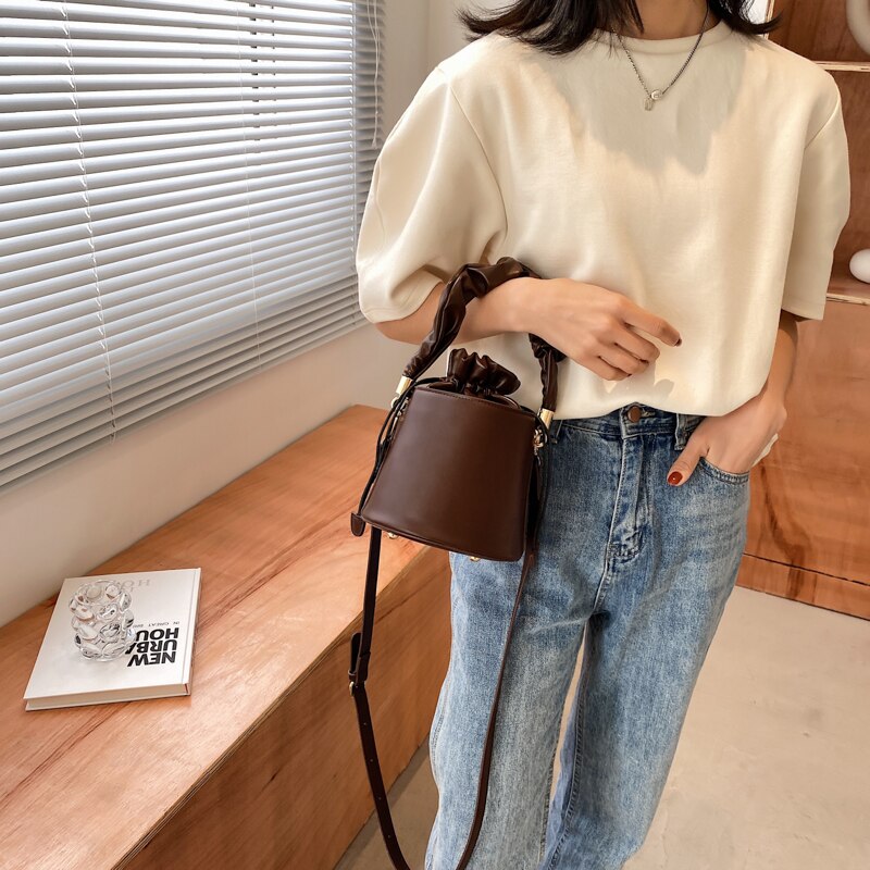 Solid Color PU Leather Women Drawstring Bucket Bags Ladies Small Shoulder Crossbody Bag Female Mini Handbag Purse
