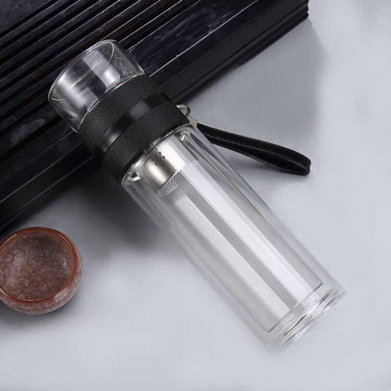 Rejse drikkevarer bærbar dobbelt væg glas teflaske te infuser glas tumbler rustfrit stål filtre te filter glas: Sort / 350ml