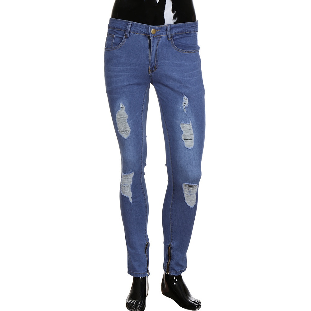 Crayon Longue Pantalon Hommes de Jeans Déchirés Stretch Pantalon En Denim En Détresse Déchiré Freyed Cintrée Fermeture Éclair Jeans Pantalon