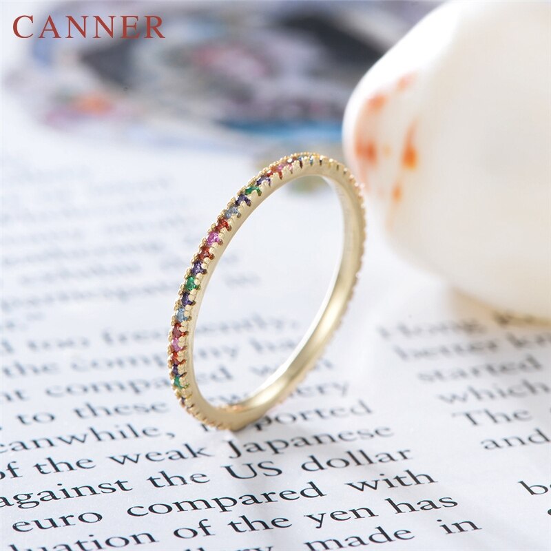 Simple Trendy 925 Sterling Silver Rings for Women Multicolor Mini Rainbow Zircon Single Row Drill Wedding Rings Jewelry: Multicolor / 8