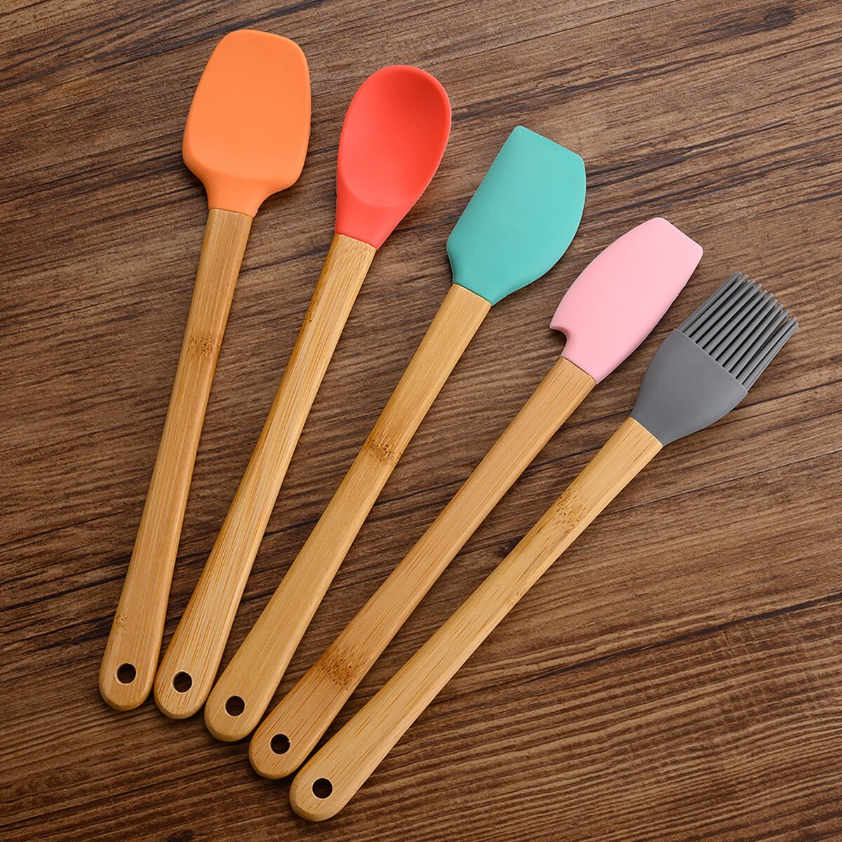 Mærke 5 stk mini spatel ske børste sæt non-stick silikone køkkengrej med træhåndtag farverigt bagning køkken spatel værktøj