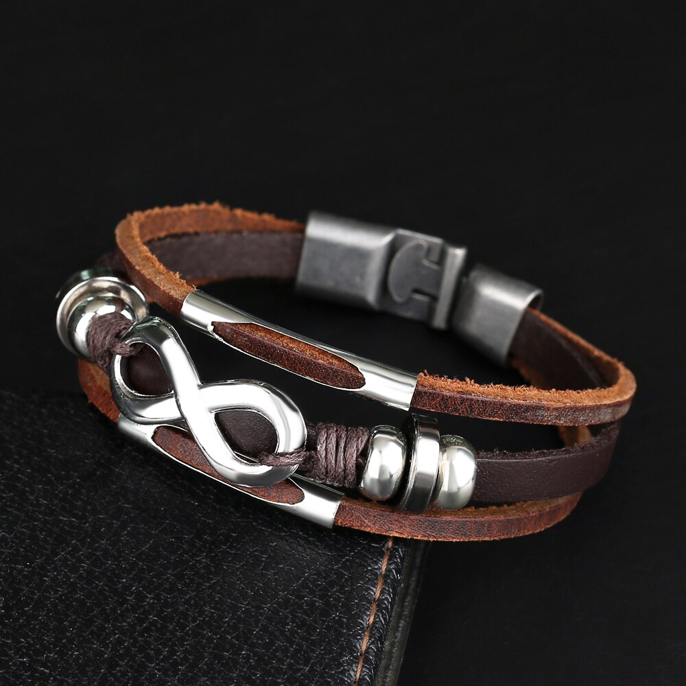 Jewelry Alloy Bead Infinity Symbol Leather Bracelet Charm Multilayer Woven Punk Bracelet for Men Pulsera Hombre: brown