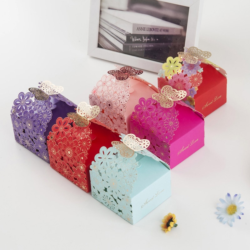 Caixa de papel de desenho de borboleta, caixa para doces de papel de estilo europeu, caixa de presente para casamento, lembranças de personalidade fofa e caixa de chocolate com 10 peças