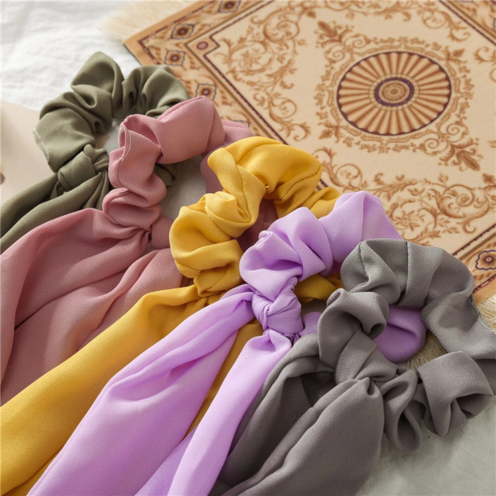 Solid Chiffon Ponytail Scrunchie Hair Ties Elastic Hair Rope for Women Hair Bow Ties Hair Bands Black Red Pink Ribbon Hairbands