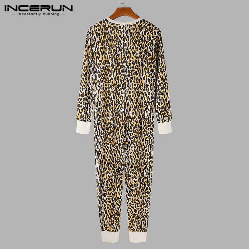 Men Pajamas Jumpsuit Leopard Print Long Sleeve O Neck Nightwear Cozy Fitness Leisure Rompers Men Overalls Homewear INCERUN