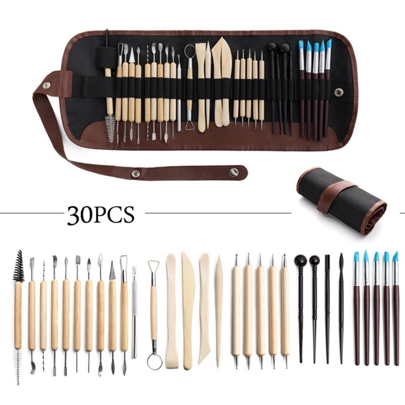 Ensemble d&#39;outils de poterie, 30 pièces, bricolage, stylo perforateur céramique Sculpture Sculpture artisanat poignée en bois, Kit de modélisation, outils faits à la main