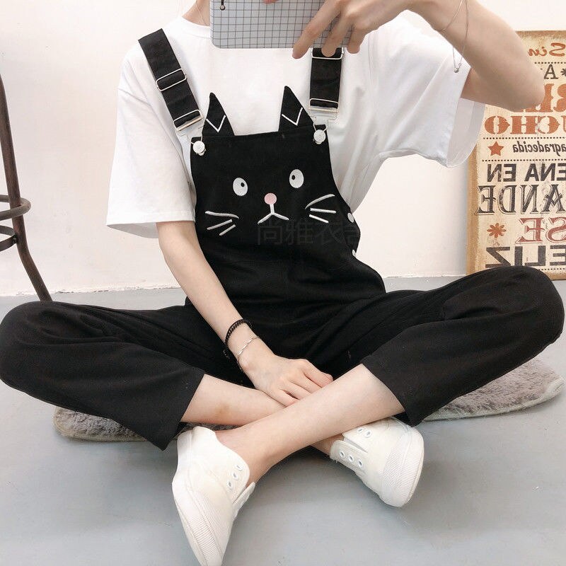 Jumpsuits dam kawaii tecknad lös overall slouchy byxor student daglig chic fritid oversize matchande söt dam: Svart / Xl
