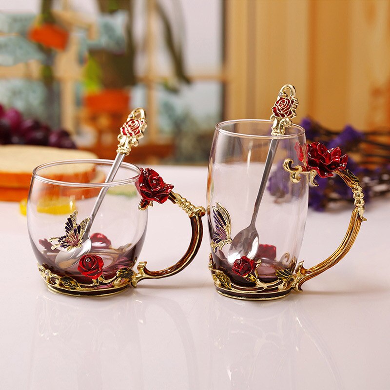 Emalj kaffe te kopp mugg 3d rosa fjäril glas koppar bröllop 88 jan