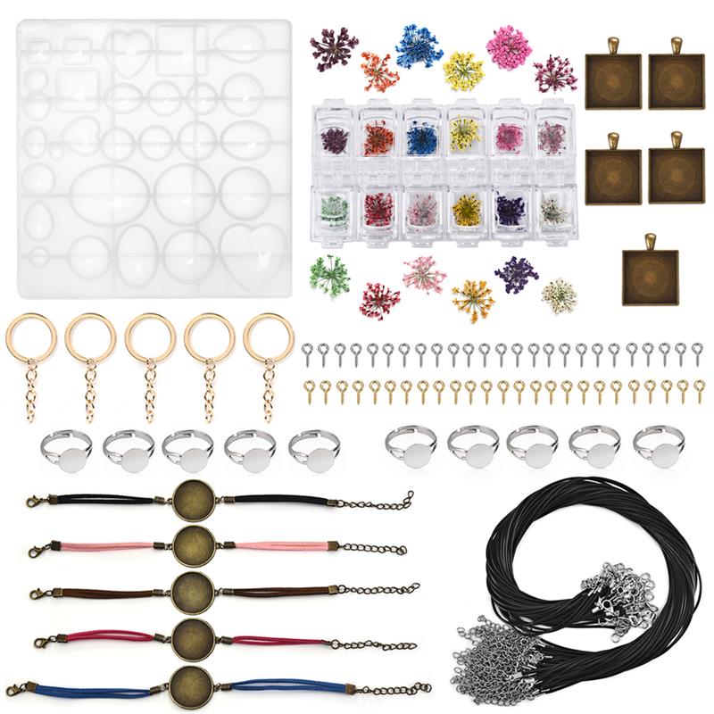 DIY Kit para hacer joyas de resina del molde de silicona con anillo colgante Base Configuración de flores secas de fabricación de la joyería conjunto de herramientas