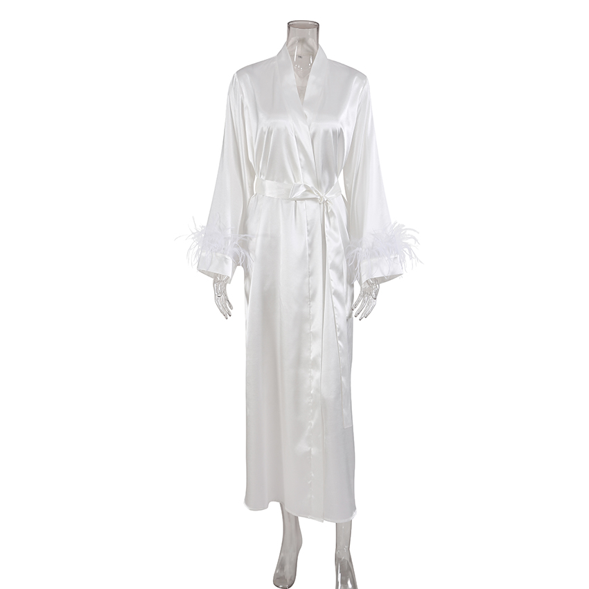 Hiloc – Robe de nuit blanche en Satin, plumes, soie, manches longues, Robes de mariée élégantes, hiver