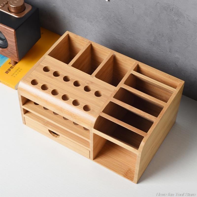 Wooden Multifunctional Storage Box for store Tool Tweezers Knives Screwdrivers Cellphone Calculator Desk Supplies