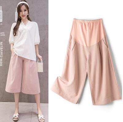 Sommar gravida kvinnor bomull och linne vidbenta byxor lösa enfärgade byxor för gravidmage lösa casual culottes: Rosa / L