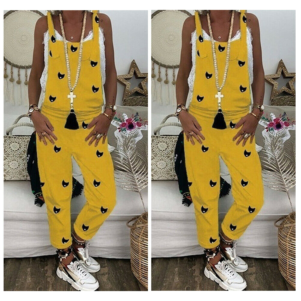 3 farver seneste ankomne kvinders afslappet printet strappy baggy løs jumpsuit kvindelig sommer ærmeløs harem lang playsuit s -2xl: Gul / Xxl