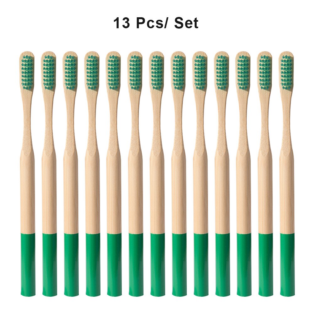 Miljövänligt trä regnbågtandborste bambu 12/13 st tandborste bambufiber träskaft tandborste blekning färgglad: 13 st grön