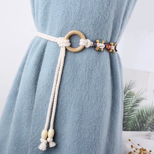 Lovely girl woven braided knitted cotton hemp rope belts for women circular ring buckle thin belt knot waist chain straps: Default Title