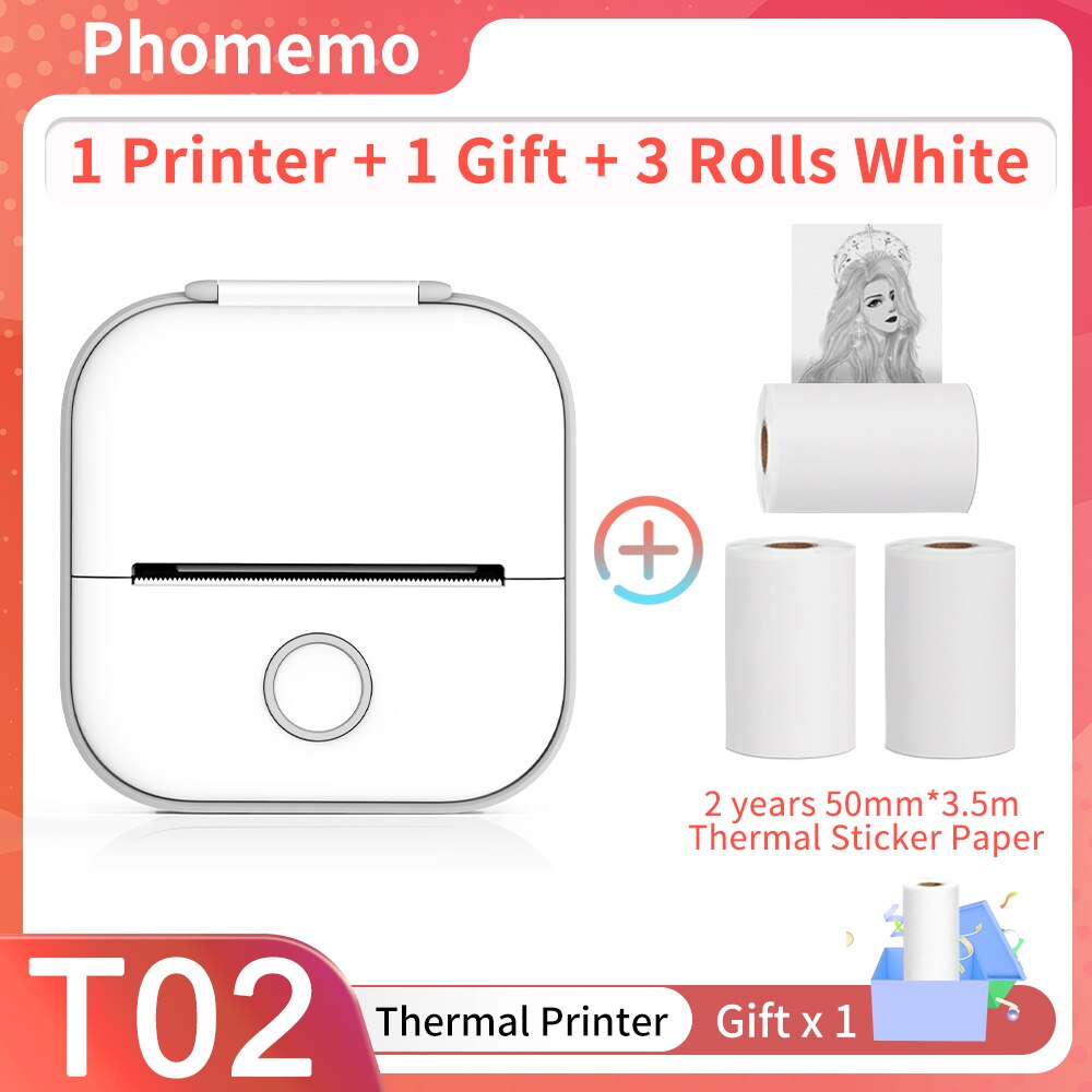 Phomemo T02 – Mini-imprimante thermique Portable sans encre, création d&#39;autocollants, sans fil, pour Journal intime et étude: WH-3 white sticker