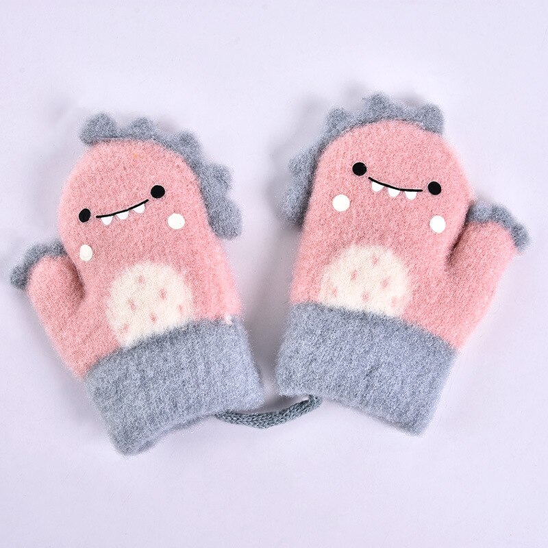 Manoplas de piel de conejo para niños, mitones de punto gruesos y cálidos para bebés de 1 a 6 años, guante de invierno con cuello colgante, guantes suaves para bebés: pink