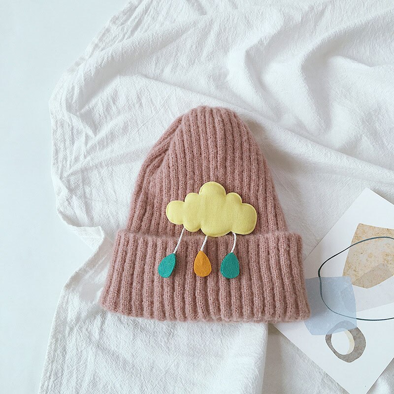 Herfst winter baby mutsen kinderen jongens meisjes mooie wolken gebreide muts effen kleur warme mutsen: Roze