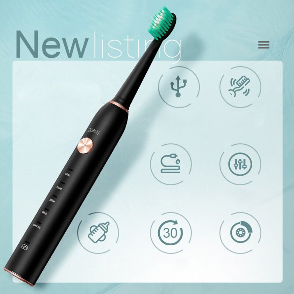 USB Rechargeable Soft Bristled Smart Toothbrush USB Charging 5 Modes Ultrasonic Automatic Brushing Timer Waterproof