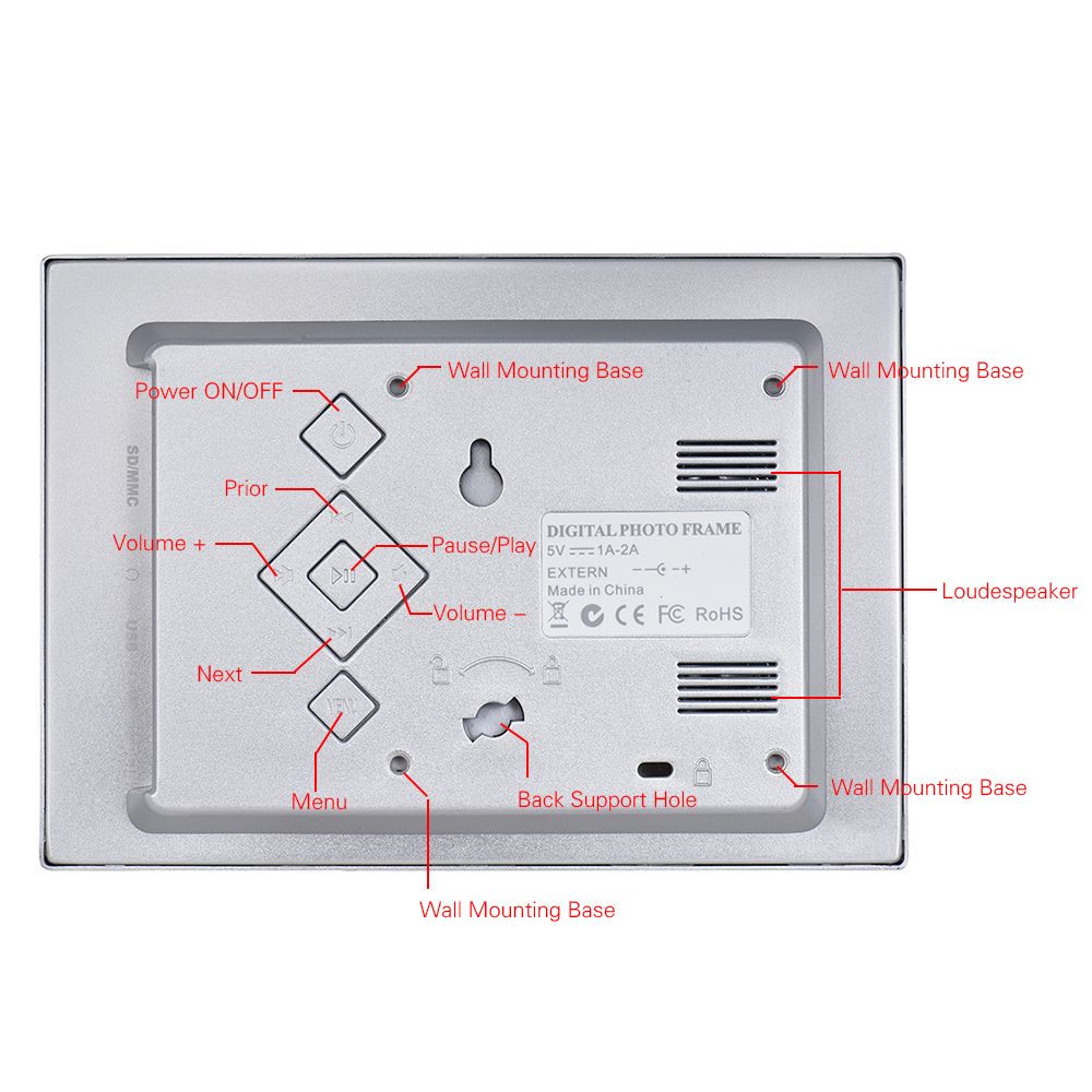 Andoer 7 "LED Digital Foto Rahmen 720P Video/Musik/Kalender/Uhr/TXT Spieler 1024*600 auflögesungen Metall Rahmen w/Fernbedienung