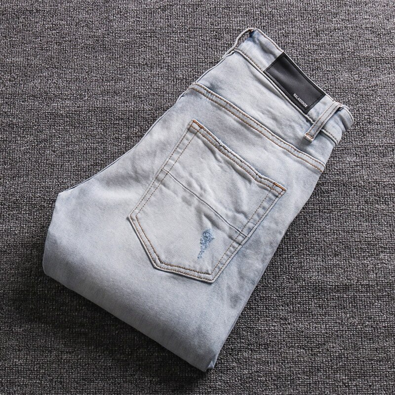 Street Style Men Jeans Retro Light Gray Blue Elastic Slim Fit Ripped Jeans Men Patches Hip Hip Denim Punk Pants