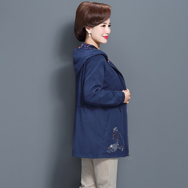 Women Trench Coat Spring Autumn Print Thin Female Both Sides Wear Overcoat Middle Aged Mother Hooded Windbreaker W1873