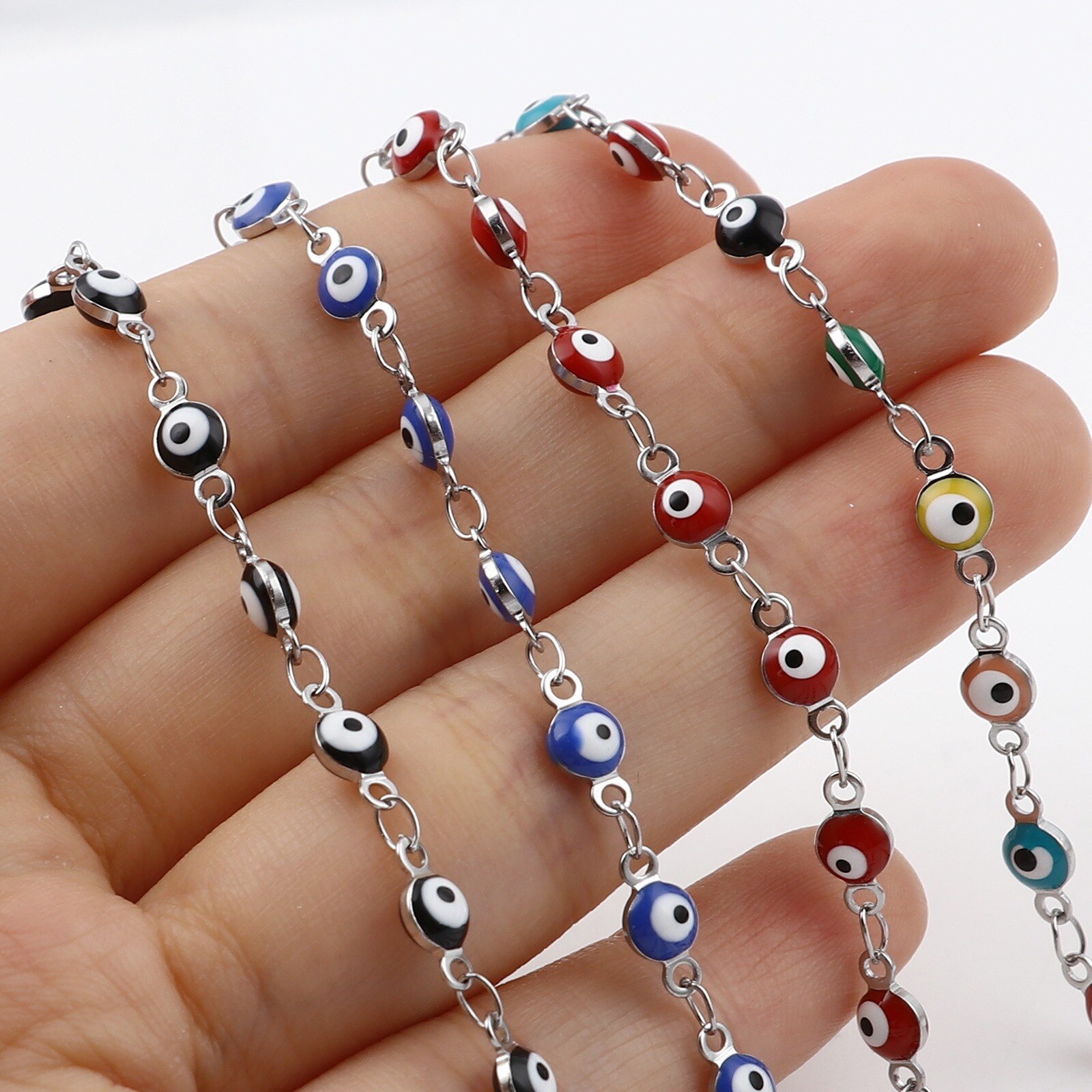 Rvs Religieuze Evil Eye Serie Armbanden Voor Vrouwen Sieraden Zilveren Kleur Link Chain Enamel 19.5Cm Lange