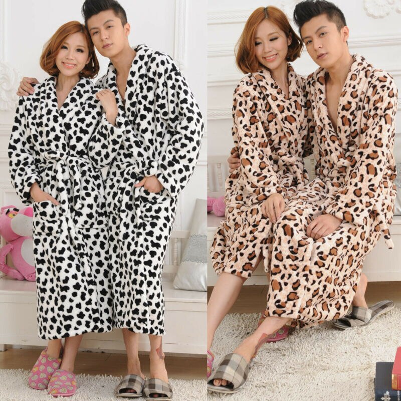 Luxury Thick Soft Warm Flannel Long Bathrobe with Belted Unisex Autumn Winter Long Sleeve Print Pajama with Pocket