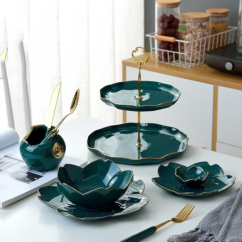 1pcs Ceramic Plate Dinner Set Green Kitchen Tableware Plates Flower Shape sauce dish Rice Salad Bowl Cake Dessert Plate