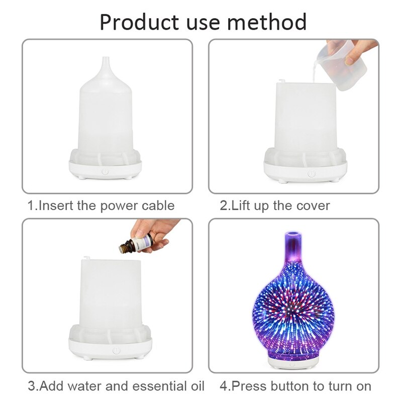3d vuurwerk glazen usb luchtbevochtigers met 7 kleuren led nachtlampje aroma etherische olie diffuser koele mistmaker voor thuiskantoor
