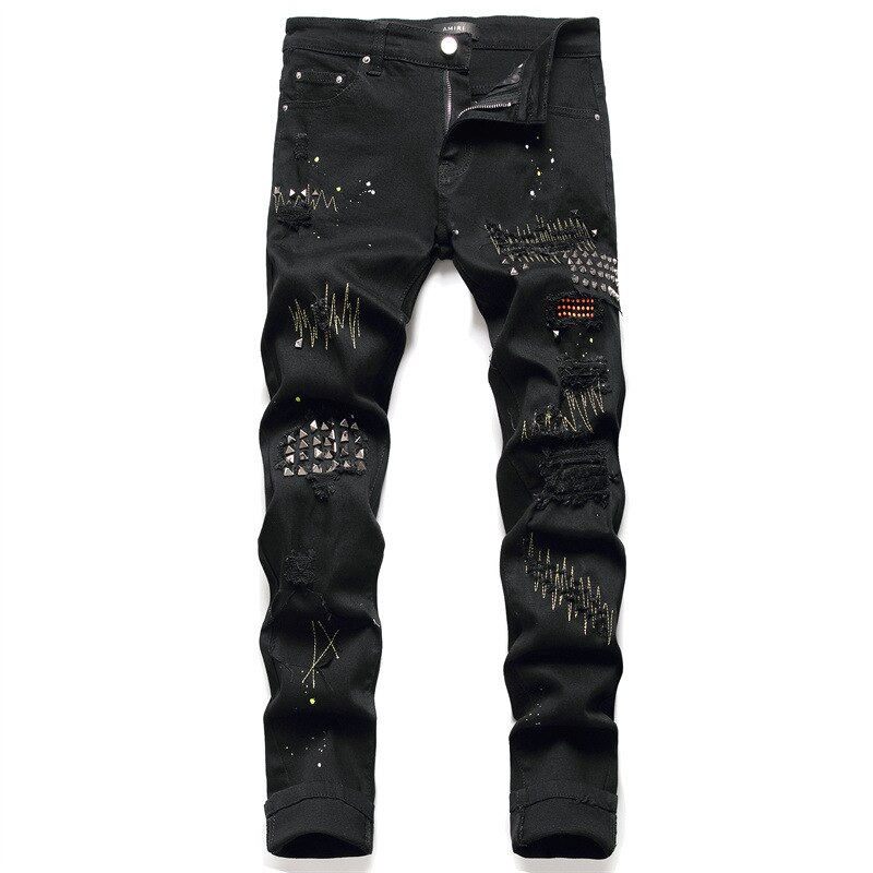 Pantalones vaqueros con remaches de Metal para hombre, Vaqueros rotos con agujeros, ropa de calle a la , Pantalones rectos ajustados elásticos Punk Rok: 34